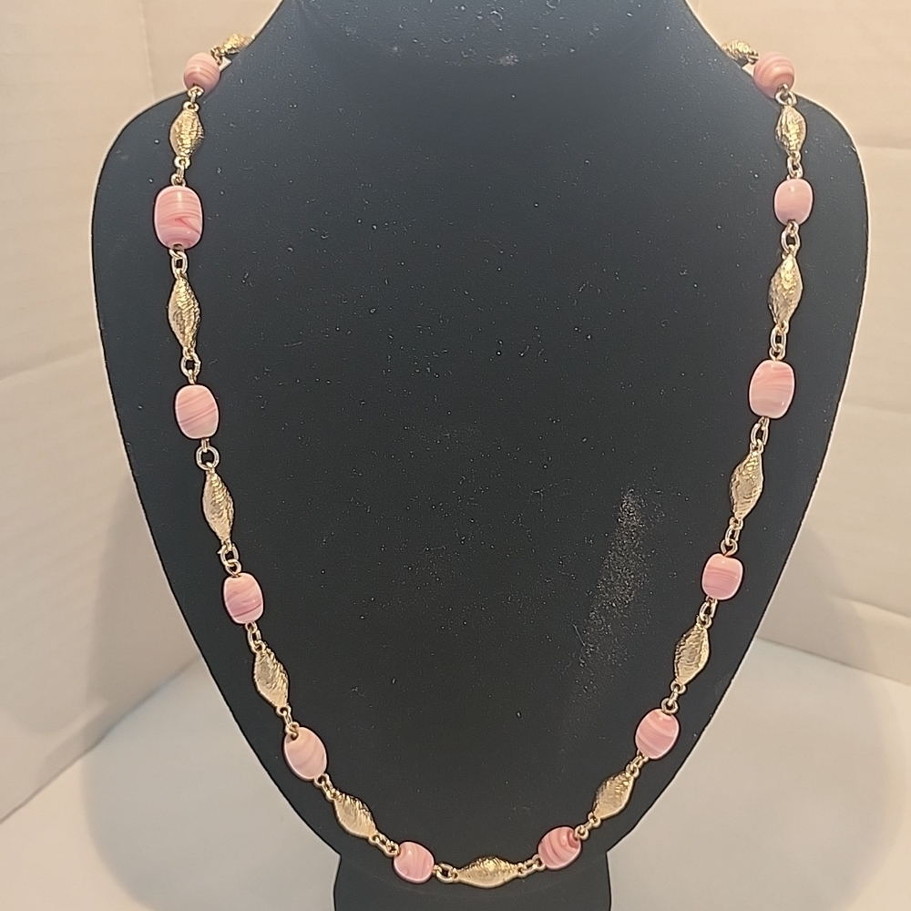 Vintage Pink Slag Glass Gold Tone Textured Beaded Necklace 14"